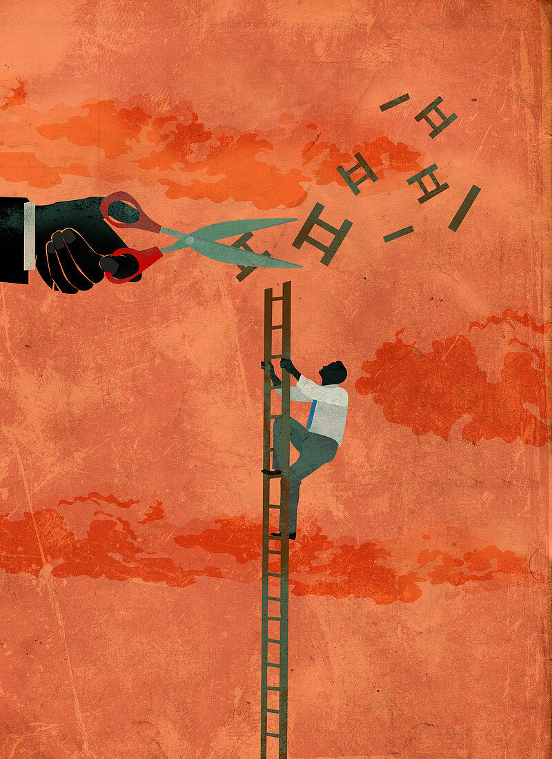 Illustration of determined businessman climbing ladder