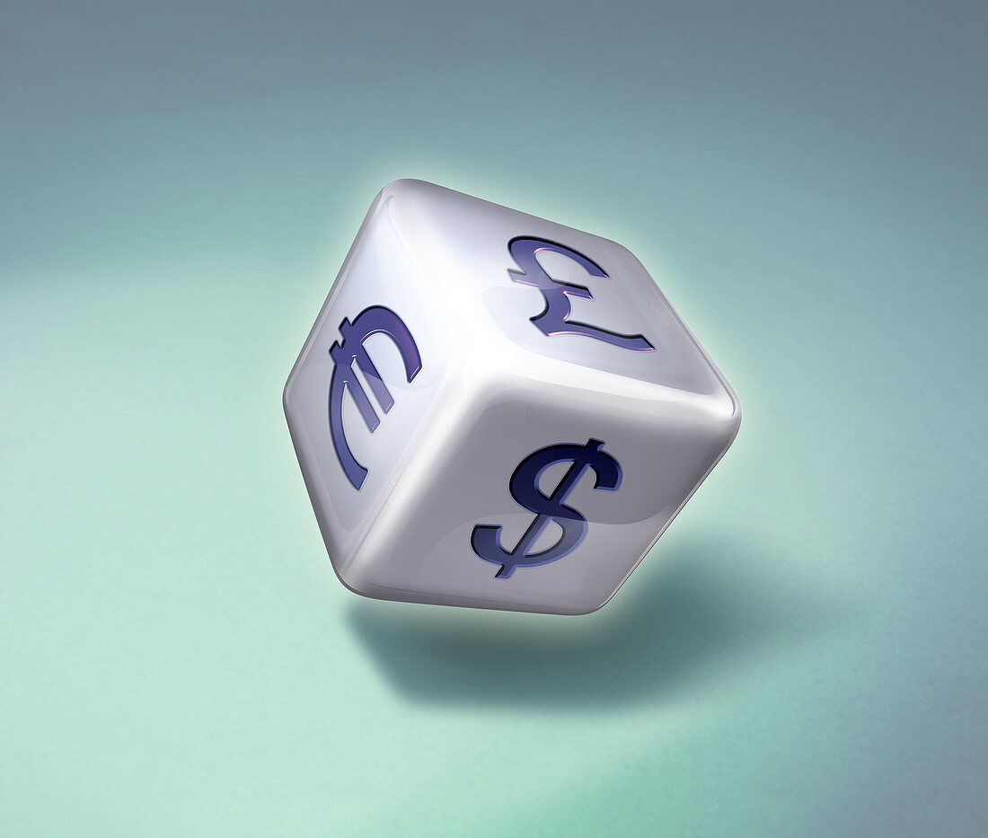 Illustration of dice with various currency symbols