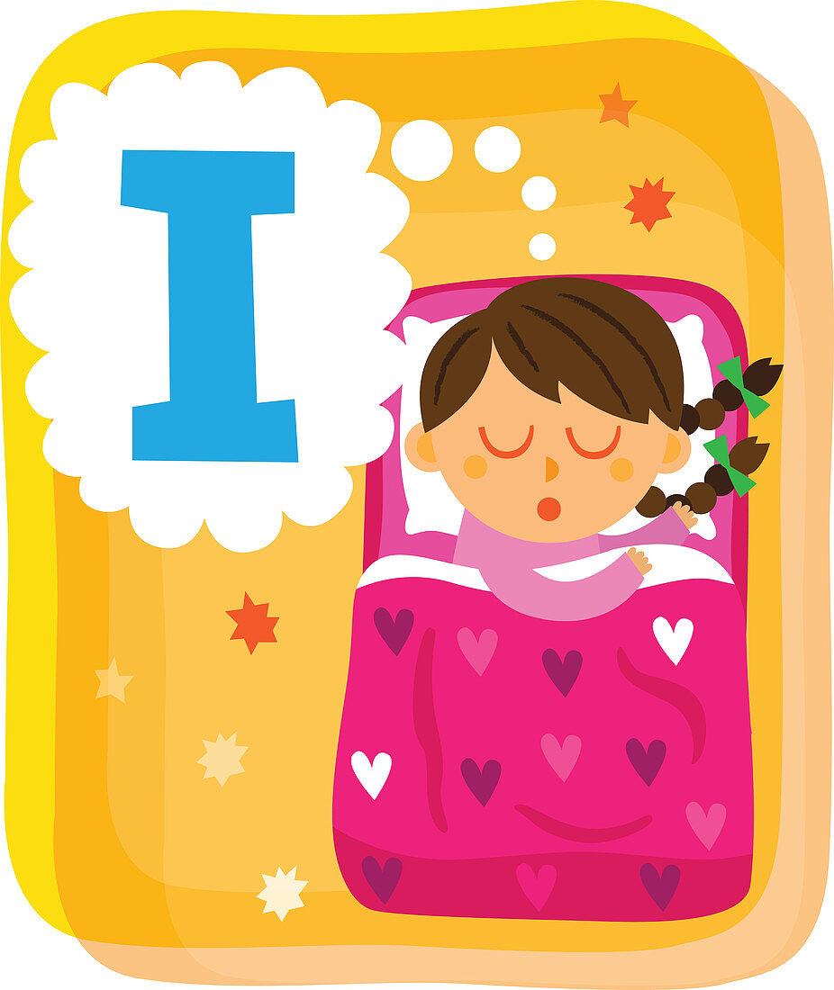 Illustration of girl dreaming about letter I in bed