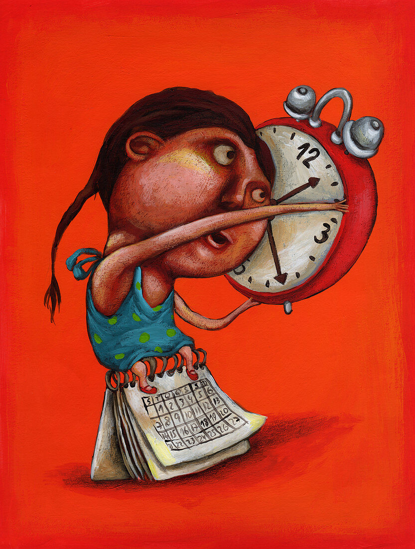 Illustration of girl with alarm clock and calendar