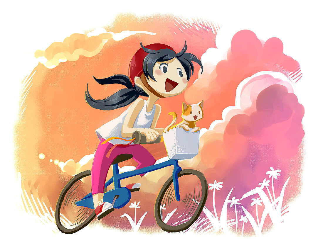 Illustration of girl with cat riding bicycle