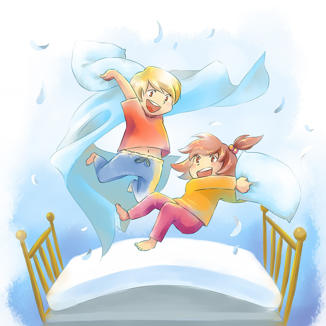 Illustration of happy children pillow fighting on bed