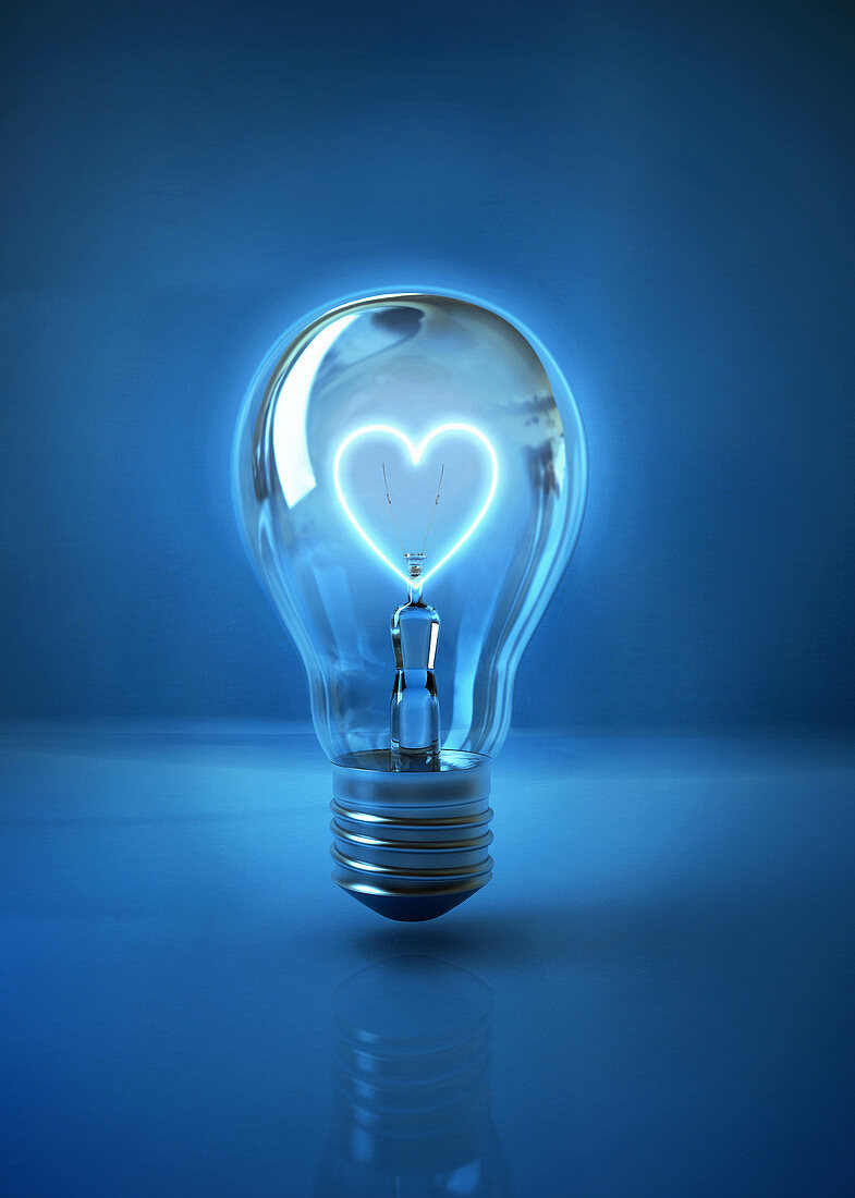 Illustration of heart shaped filament in light bulb