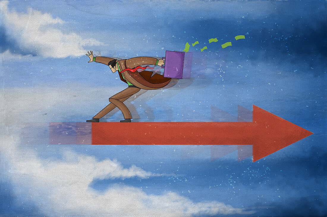 Illustration of businessman balancing himself on arrow