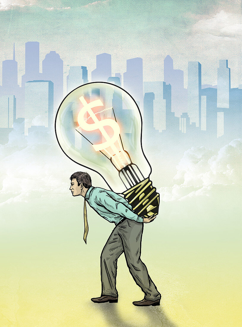 Illustration of businessman carrying light bulb