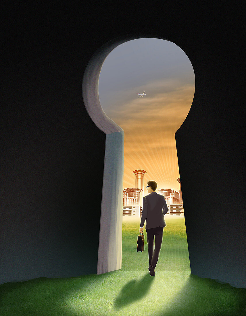 Illustration of businessman going out of keyhole