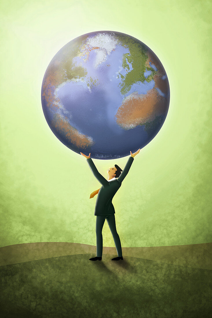 Illustration of businessman holding planet