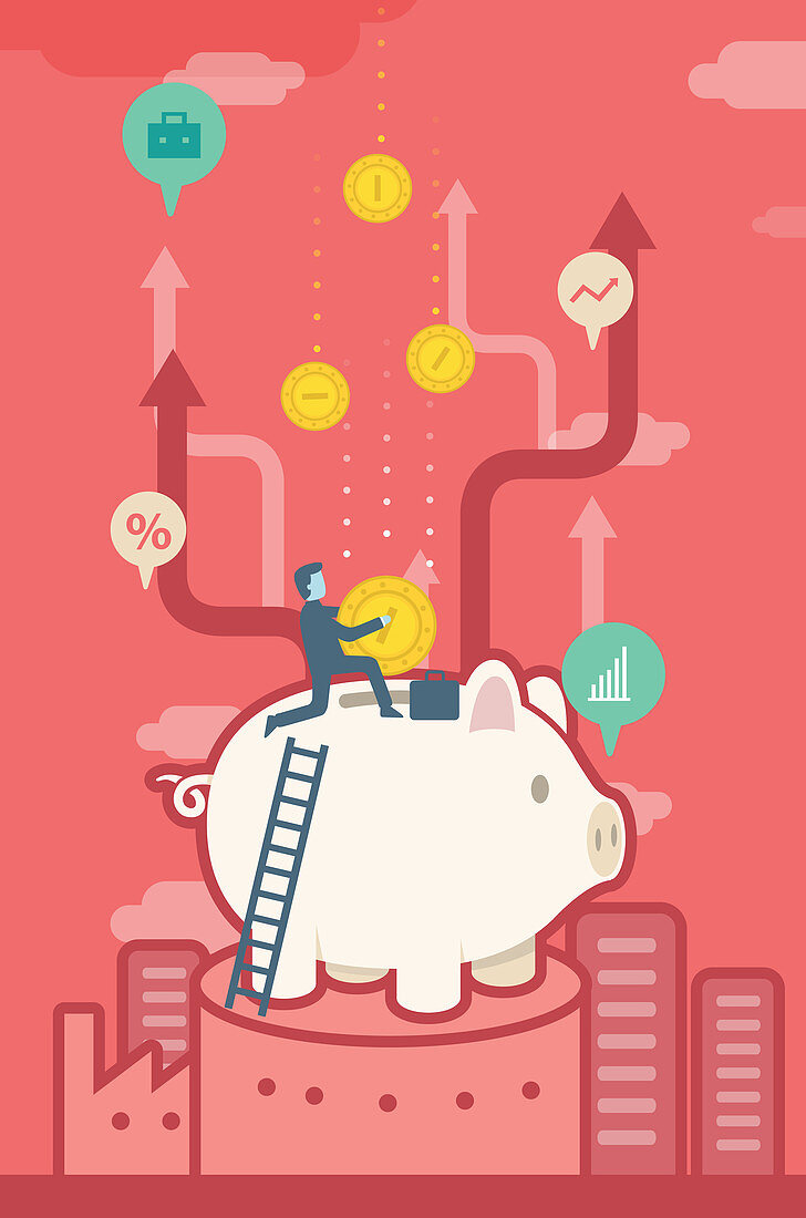 Illustration of businessman inserting coin in piggy bank