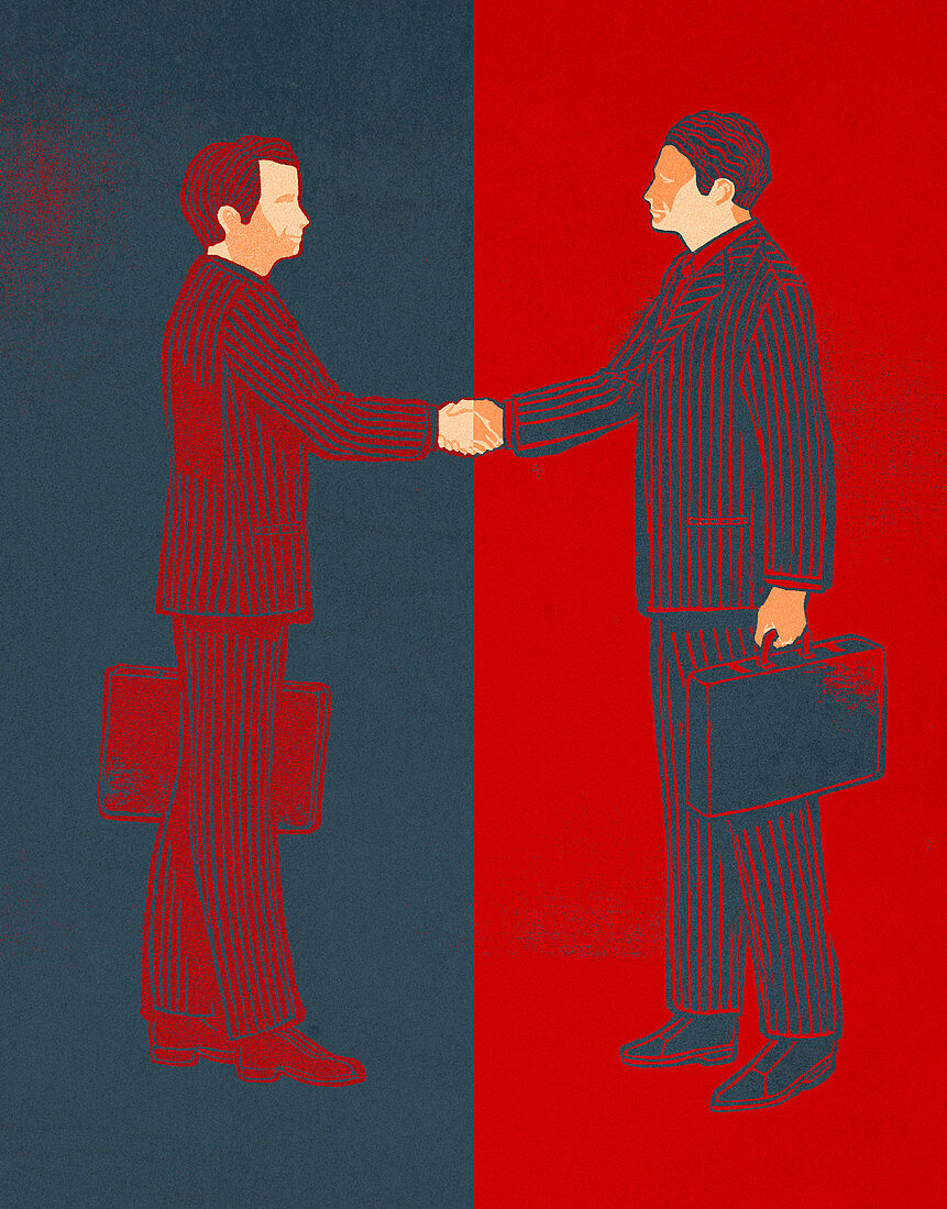 Illustration of businessmen shaking hands over a deal