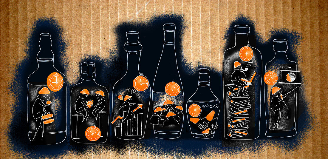 Illustration of businessmen working in bottles