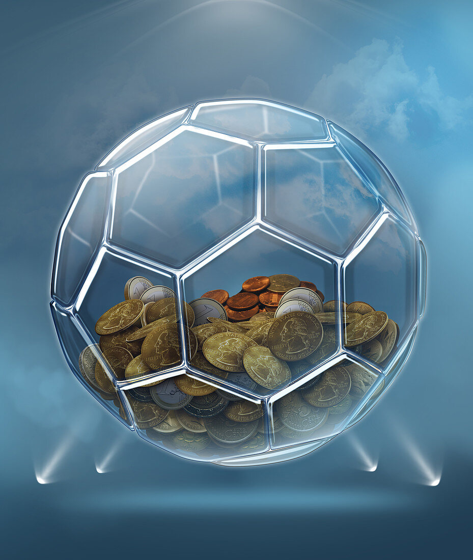 Illustration of coins inside transparent ball