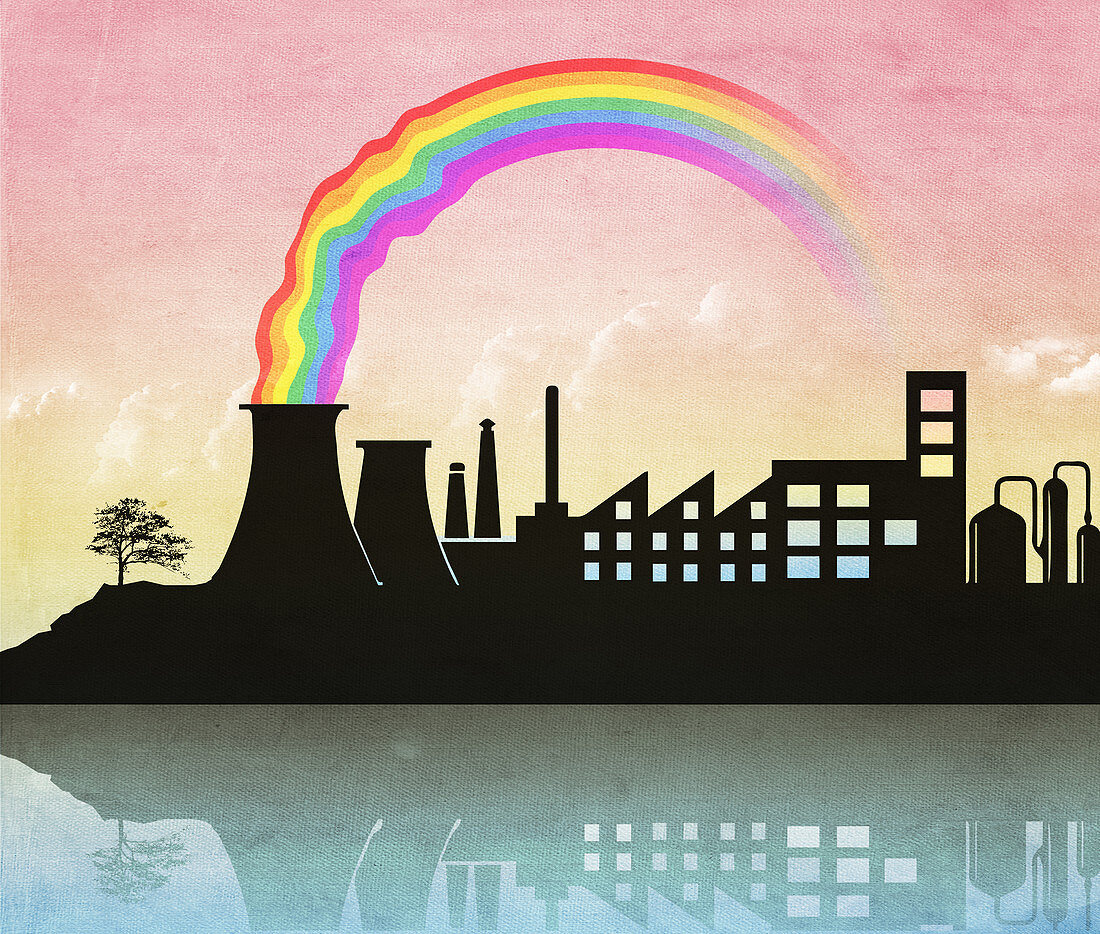 Illustration of rainbow and nuclear reactor
