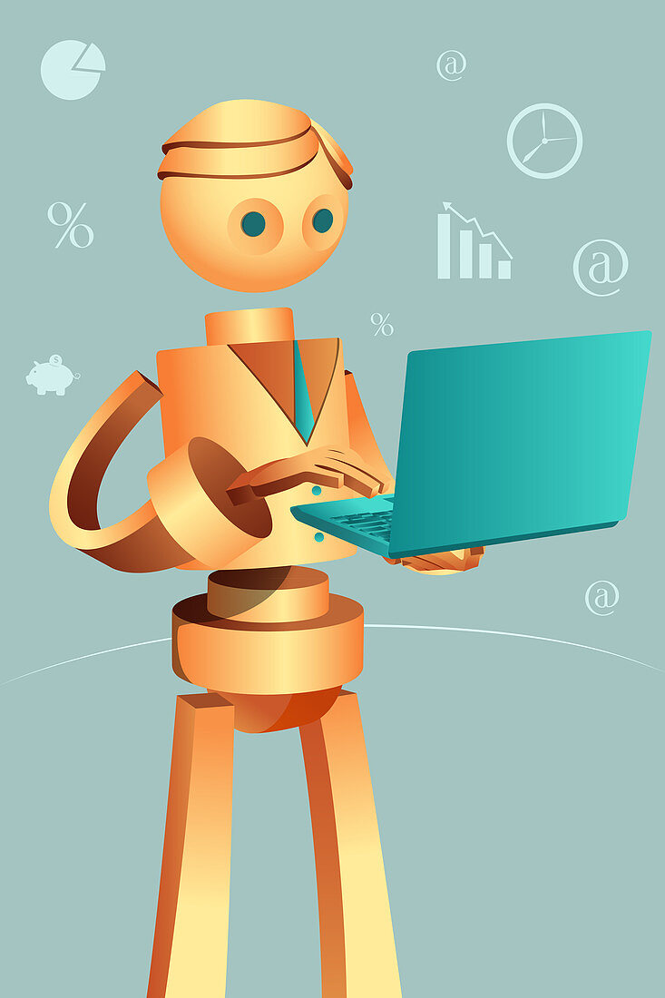Illustration of robotic businessman using laptop
