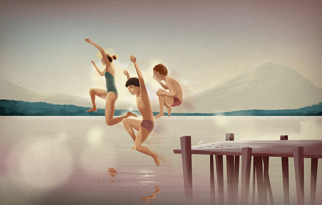 Illustration of siblings jumping in lake