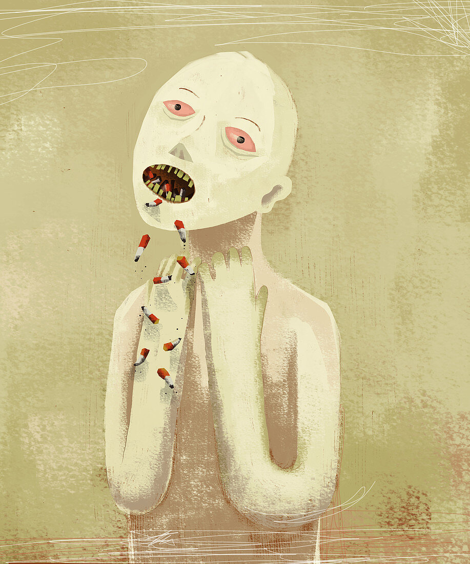 Illustration of sick man vomiting cigarettes