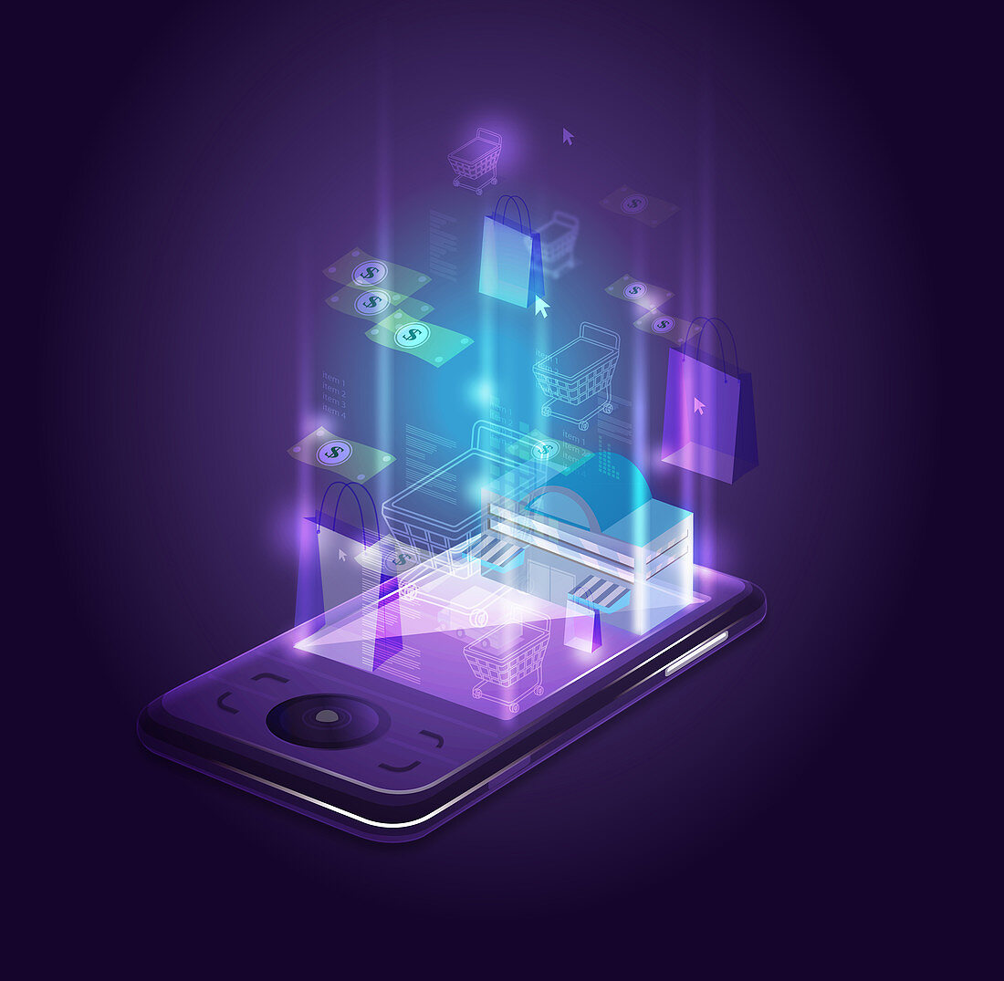Illustration of smart phone depicting online shopping