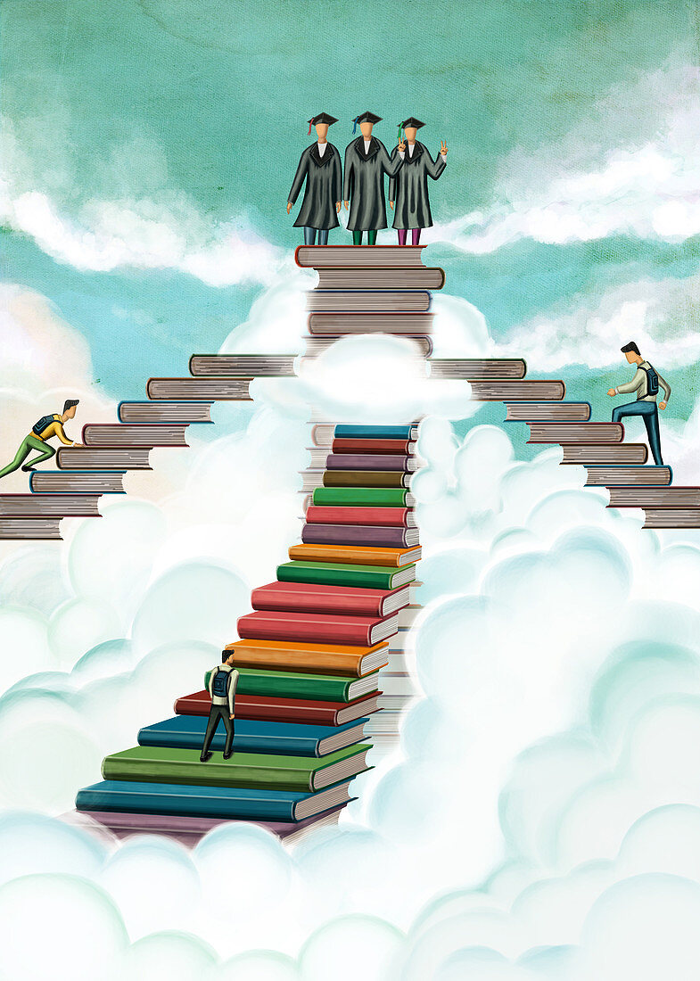 Illustration of students on stack of books