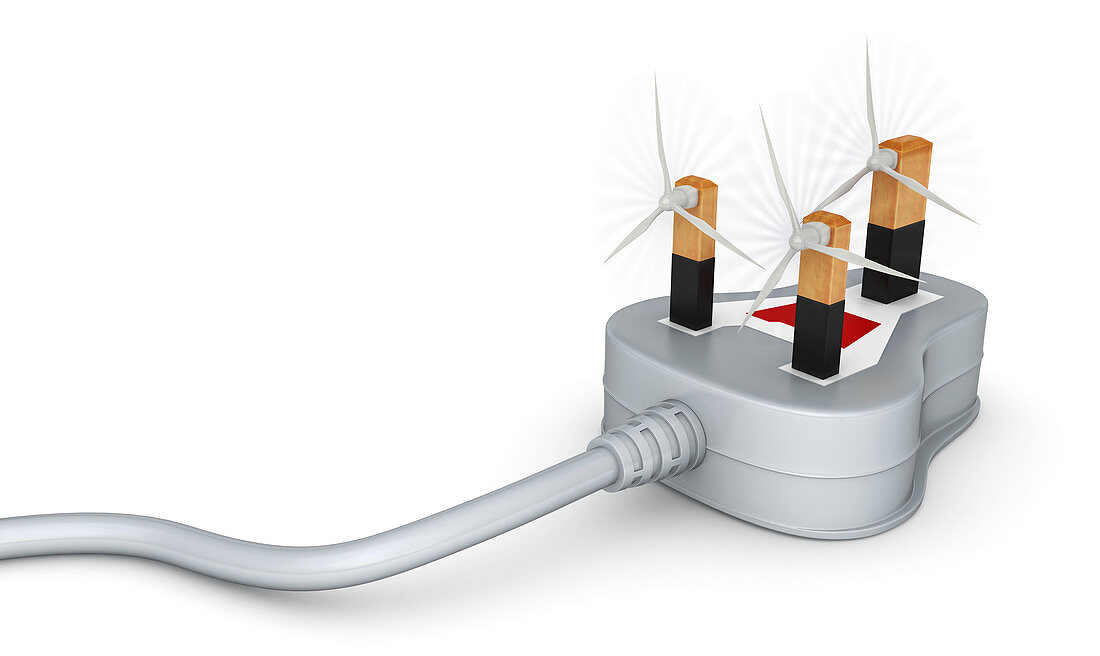 Illustration of three pin plug with wind turbines