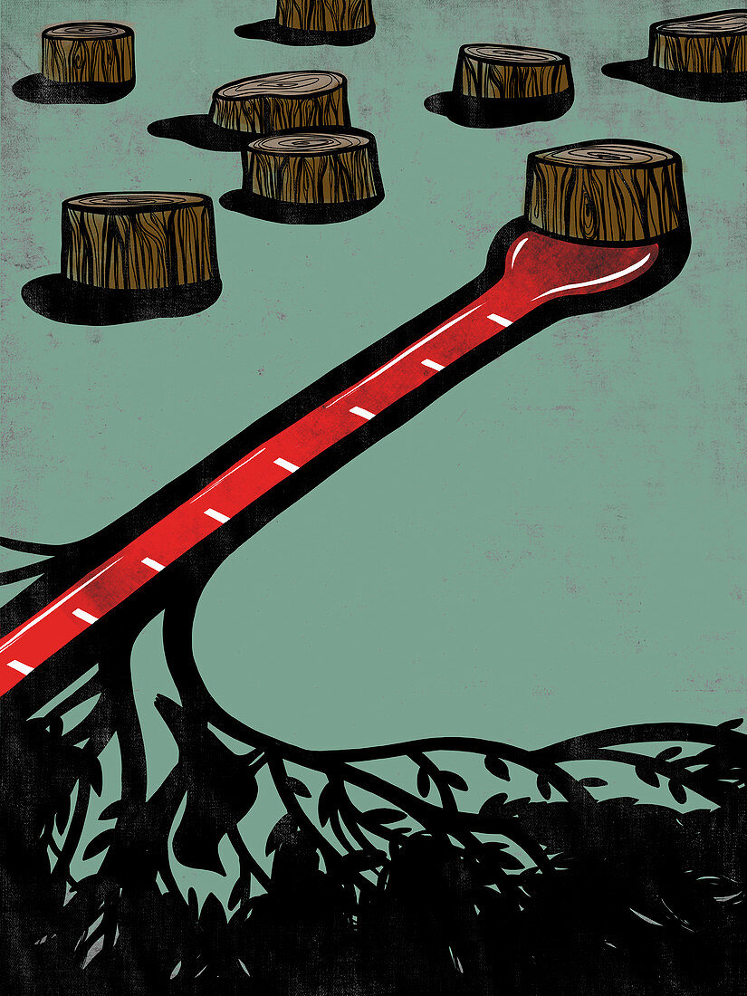 Illustration of tree stumps with thermometer