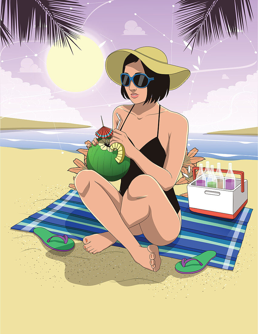 Illustration of woman drinking coconut water at beach