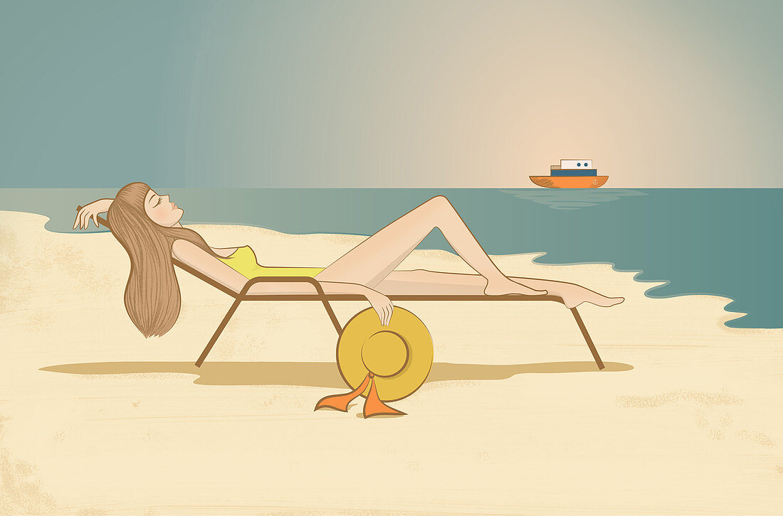 Illustration of young woman relaxing on beach