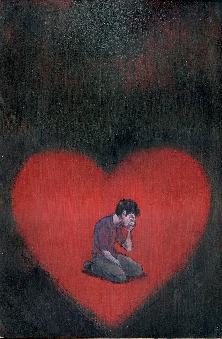 Illustration of man crying in heart