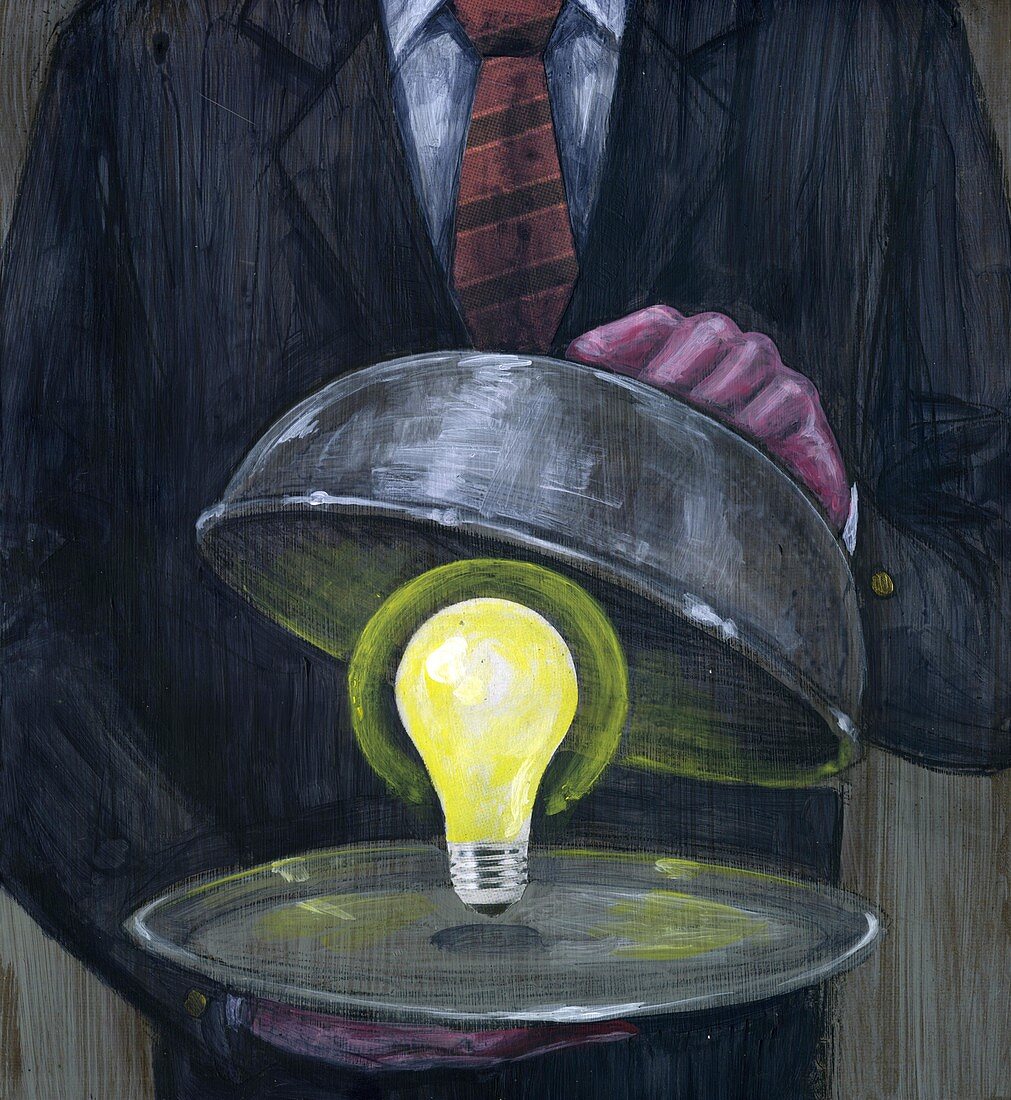 Illustration of man serving glowing light bulb in platter
