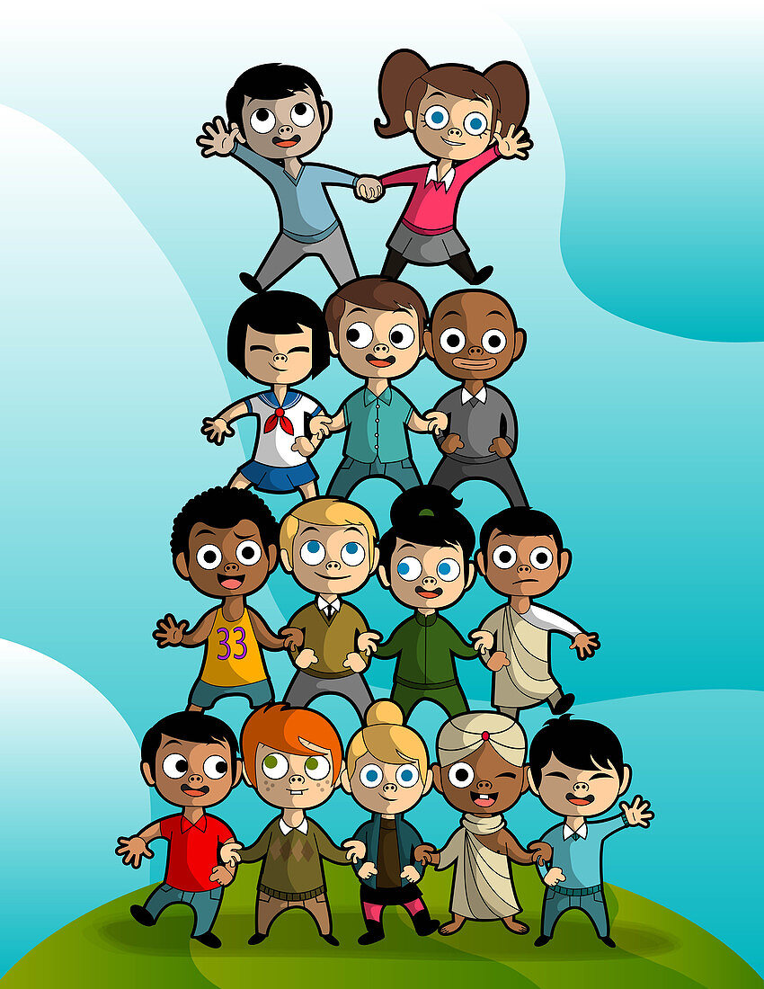 Illustration of multi ethnic children forming pyramid