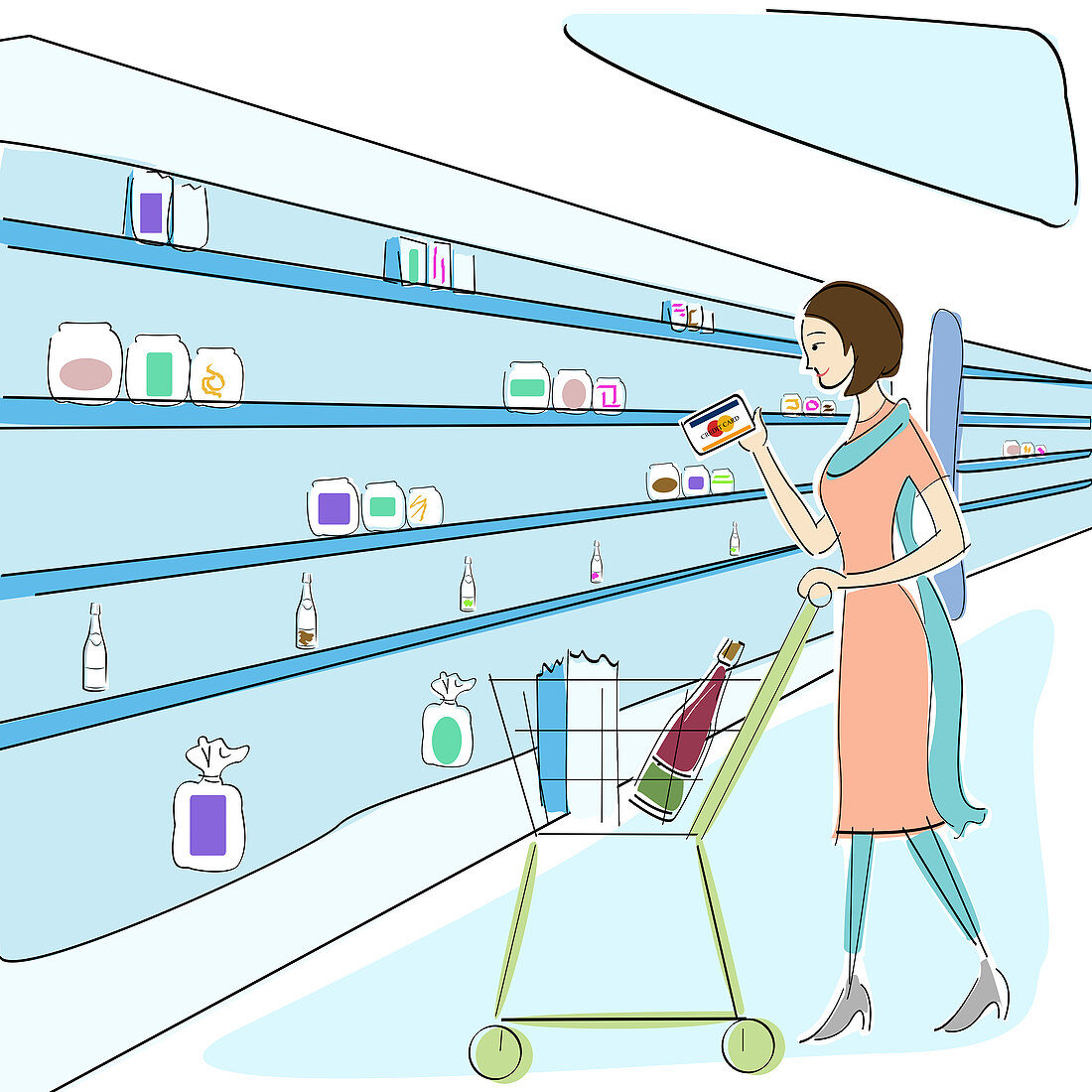 Woman shopping in a supermarket, illustration