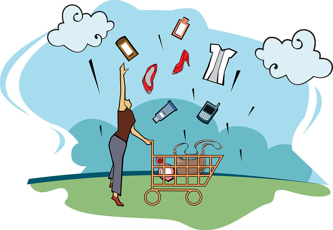 Woman tossing her shopping products, illustration