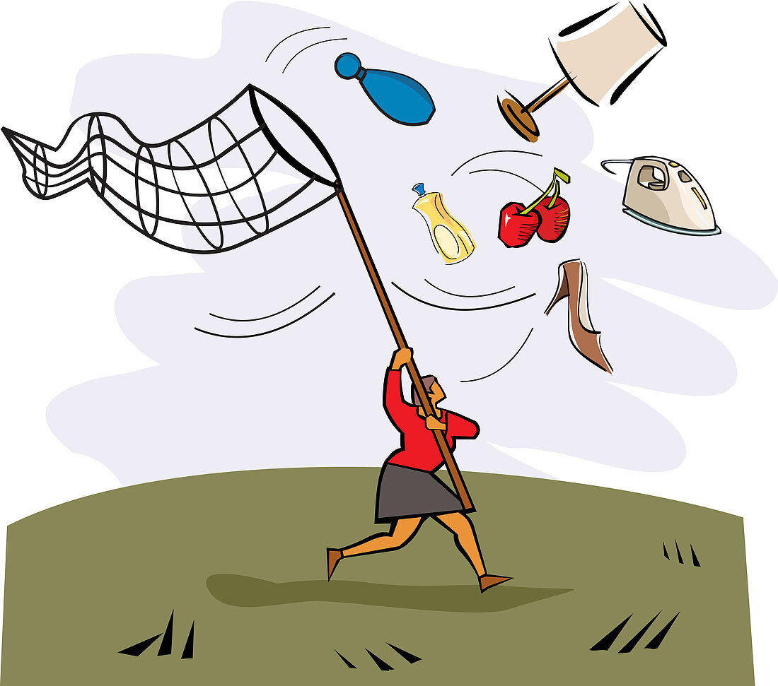 Woman using butterfly net to catch shopping, illustration