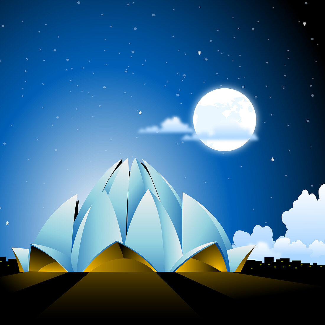 Lotus Temple at night, New Delhi, India, illustration