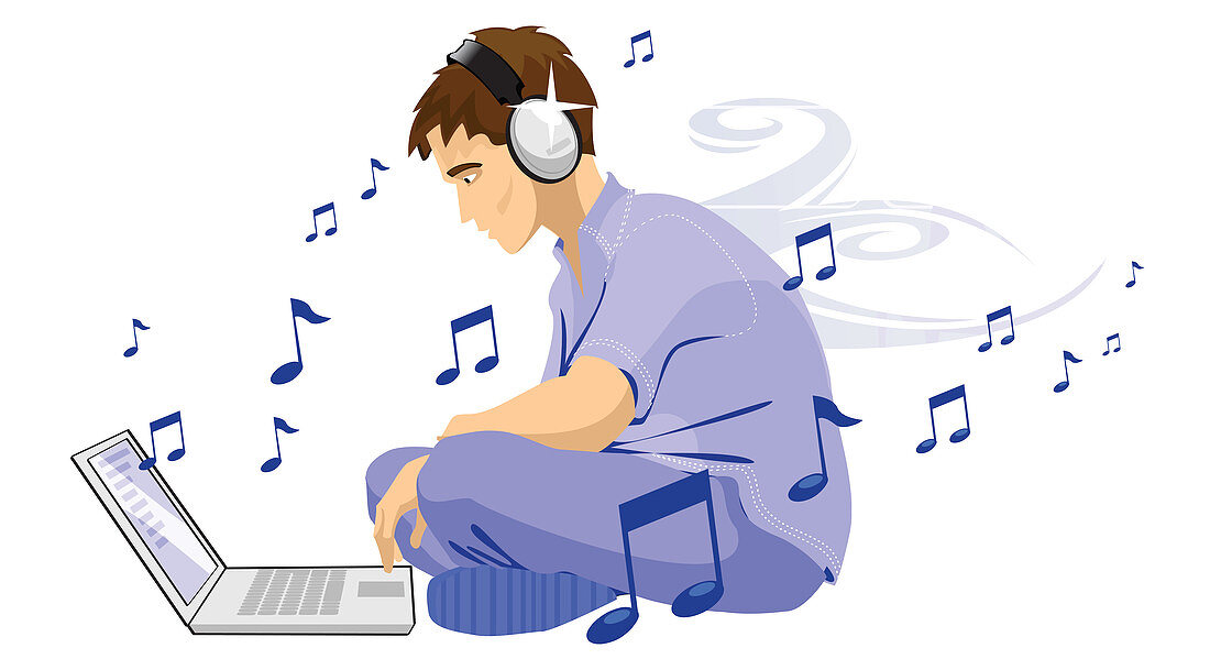 Man downloading music from internet, illustration