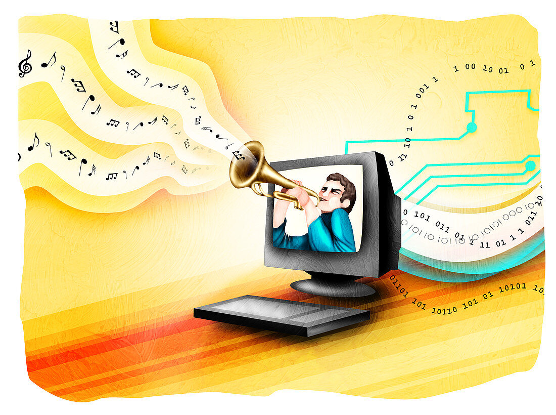 Man playing a trumpet in a computer, illustration