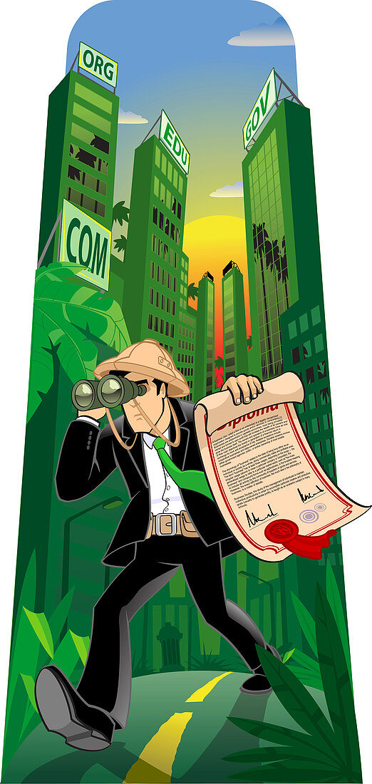 Man searching job with binoculars, illustration