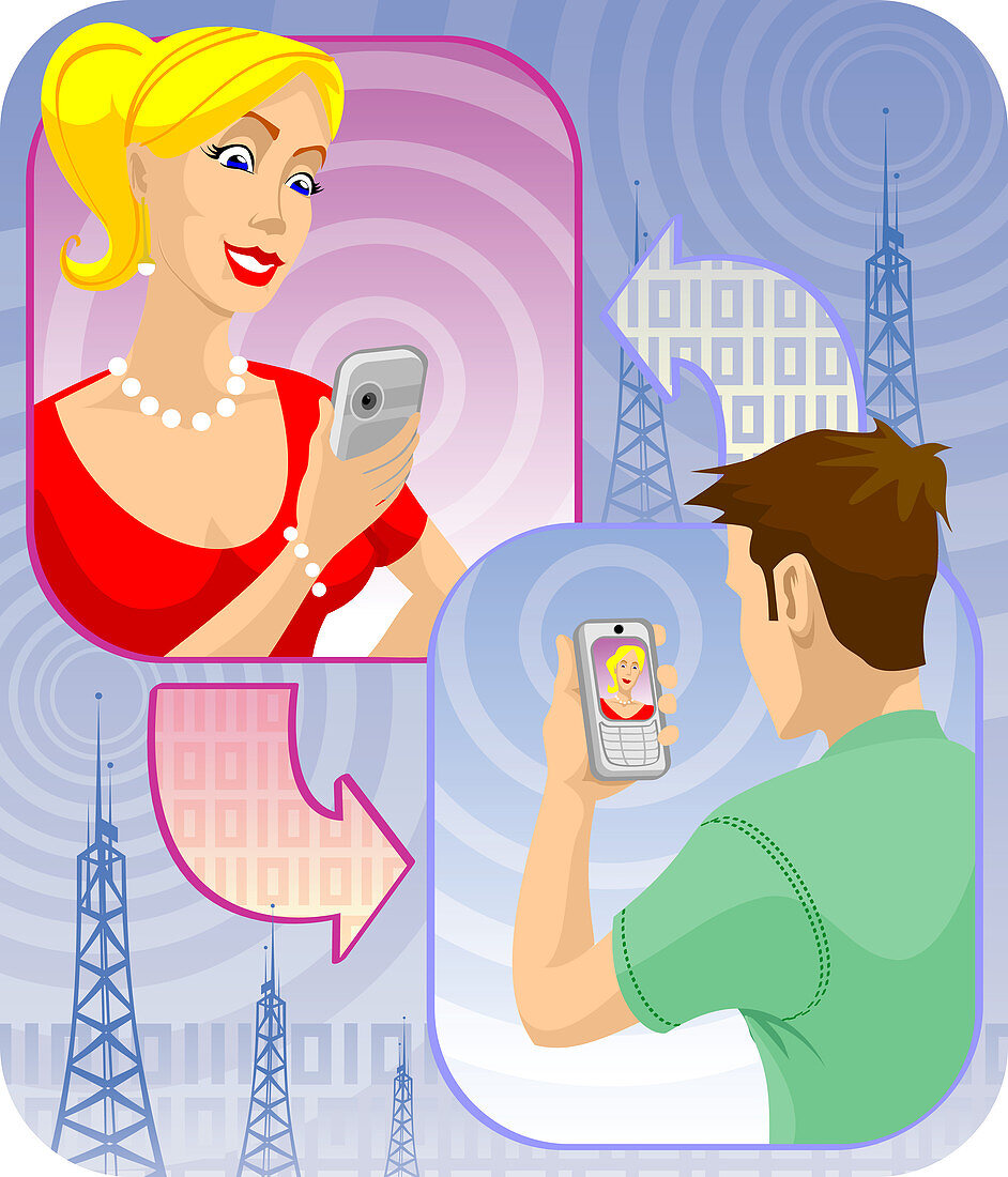 Man video chatting through mobile phone, illustration