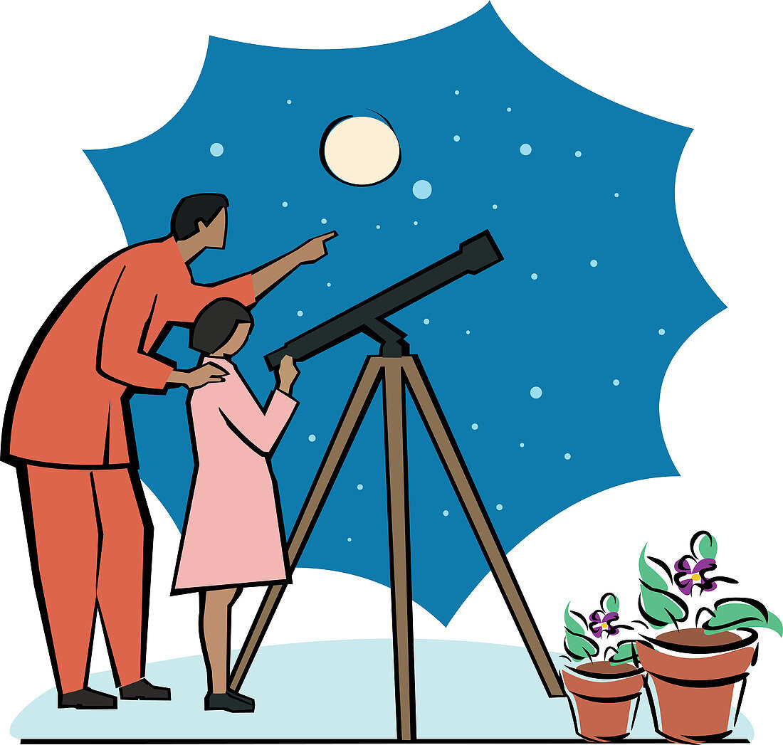 Man with daughter looking through telescope, illustration