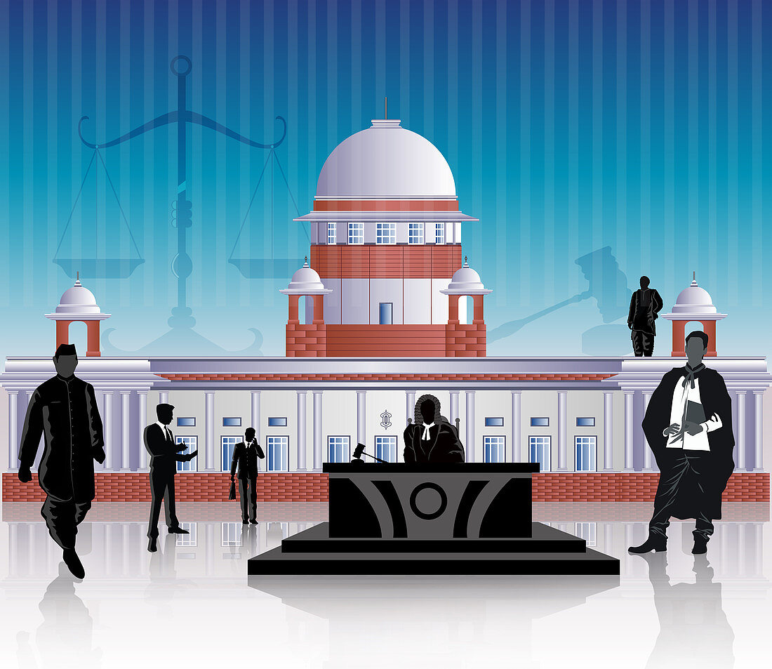 People in front of a courthouse, illustration