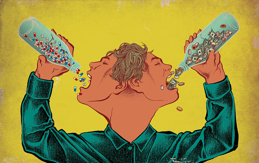 Person taking overdose of medicines, illustration