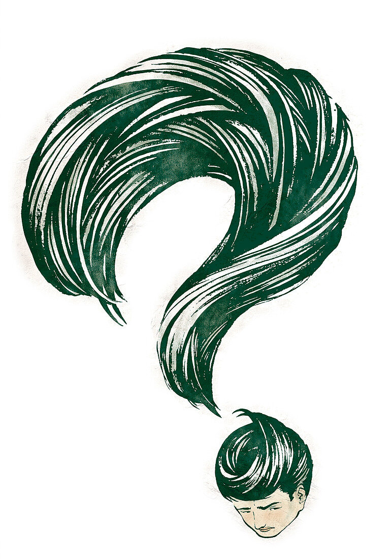 Question mark formed with the hair of a person, illustration