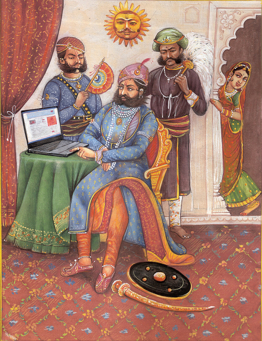 Rajasthani king using a laptop, illustration