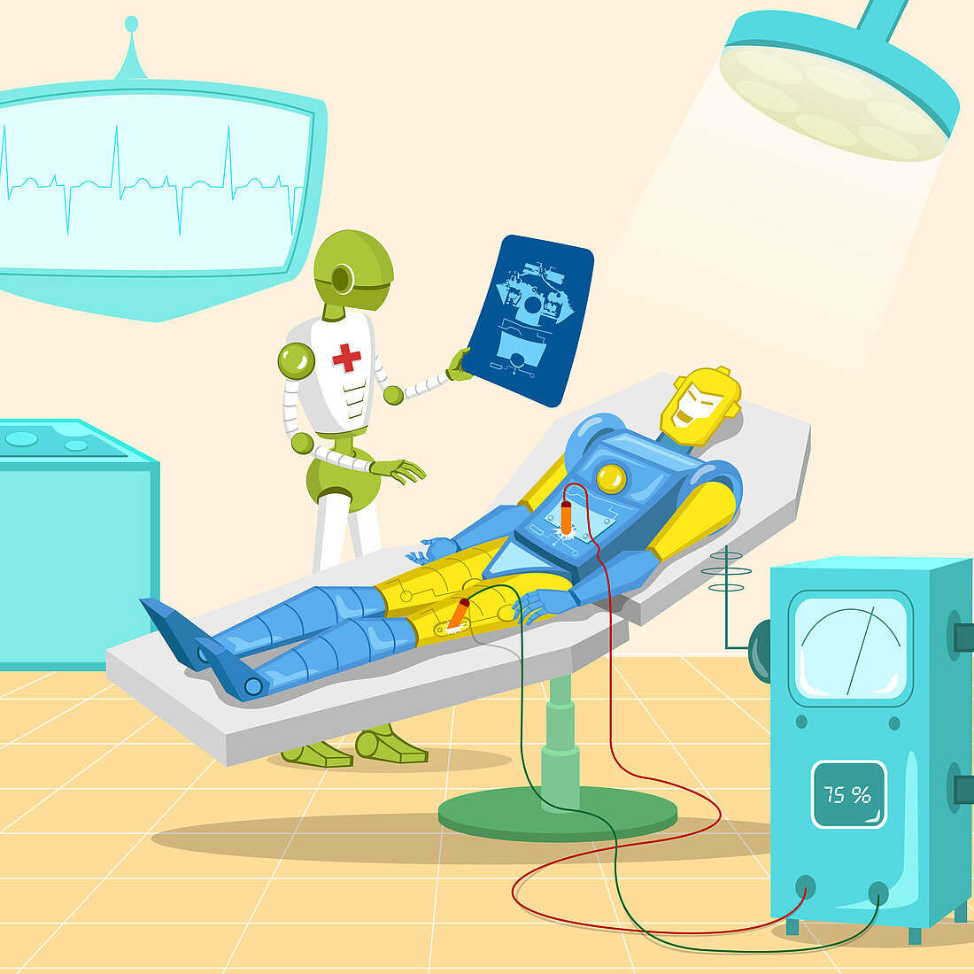Robot surgeon examining robot x-ray, illustration
