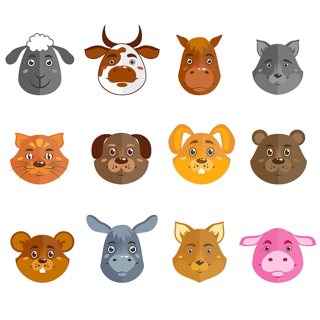 Wild and domestic animal faces, illustration
