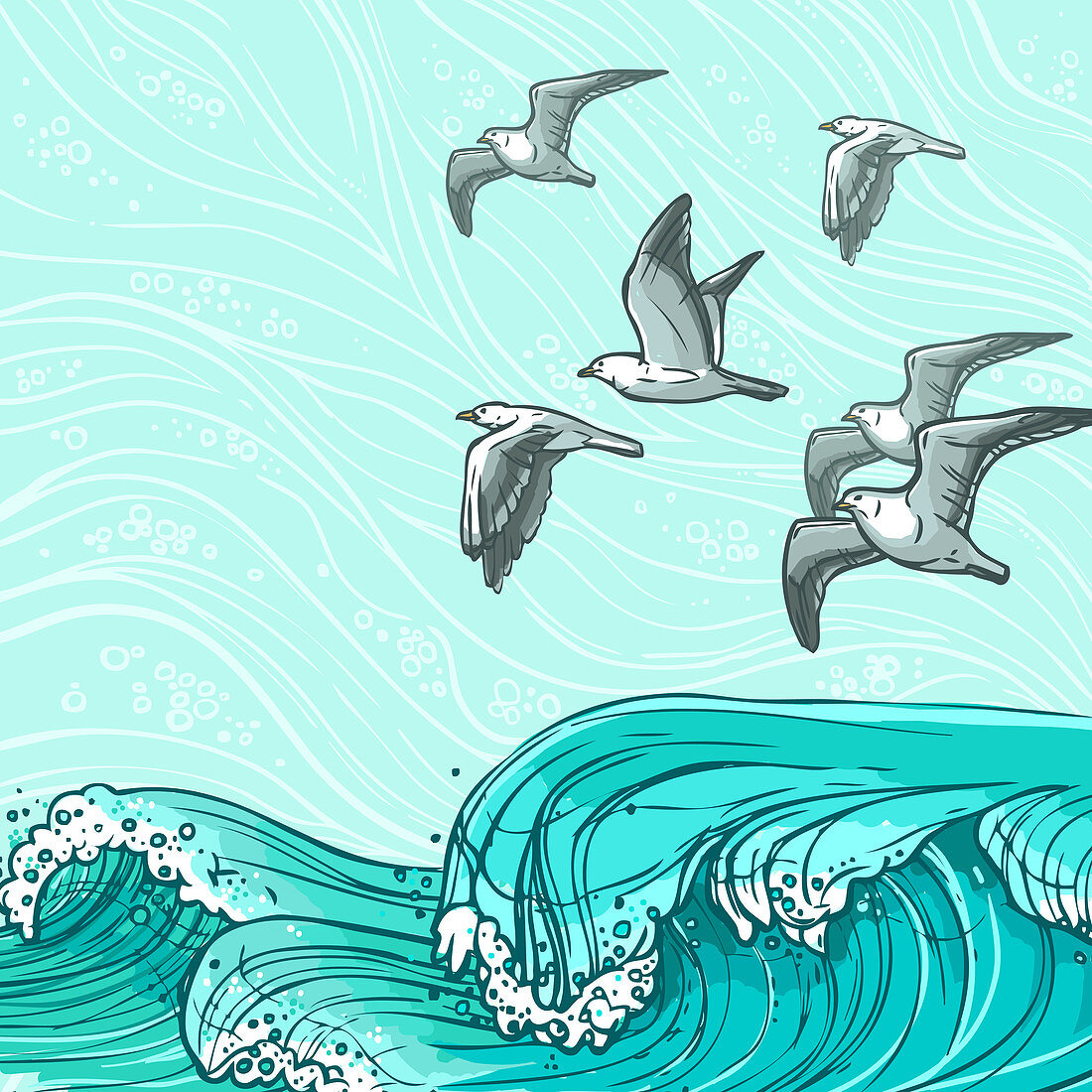 Ocean and sea gulls, illustration