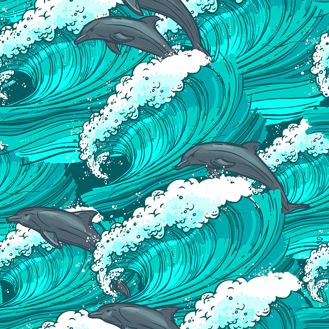Ocean and dolphins, illustration