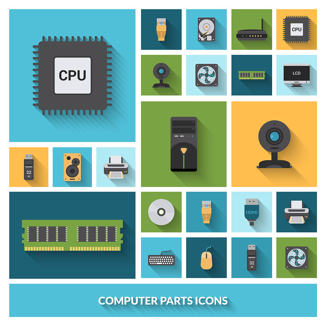 Computer parts icons, illustration