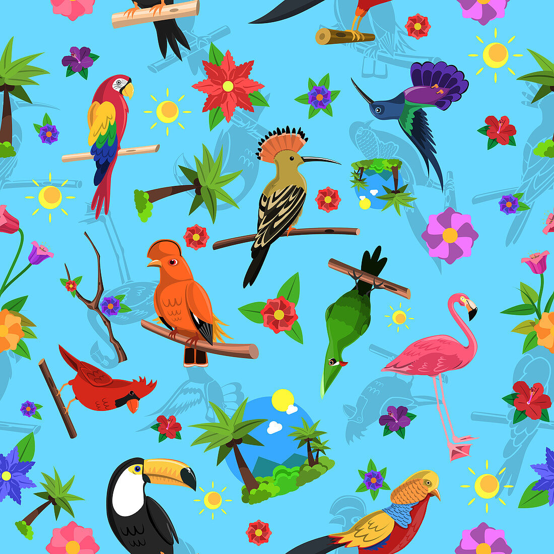 Tropical birds and flowers, illustration