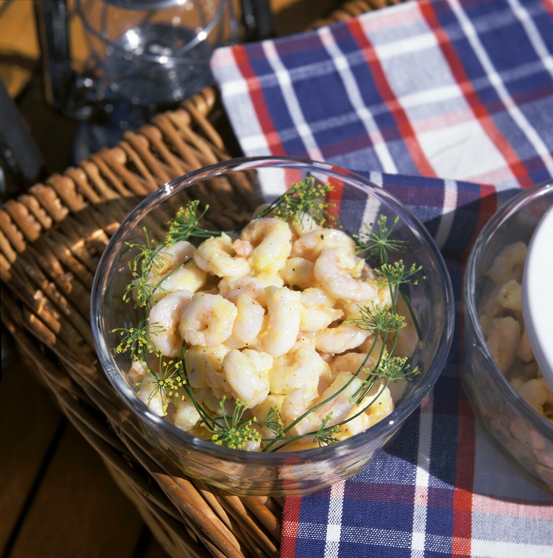 A Bowl of Shrimp Salad with Mustard Dressing and Dill Blossom