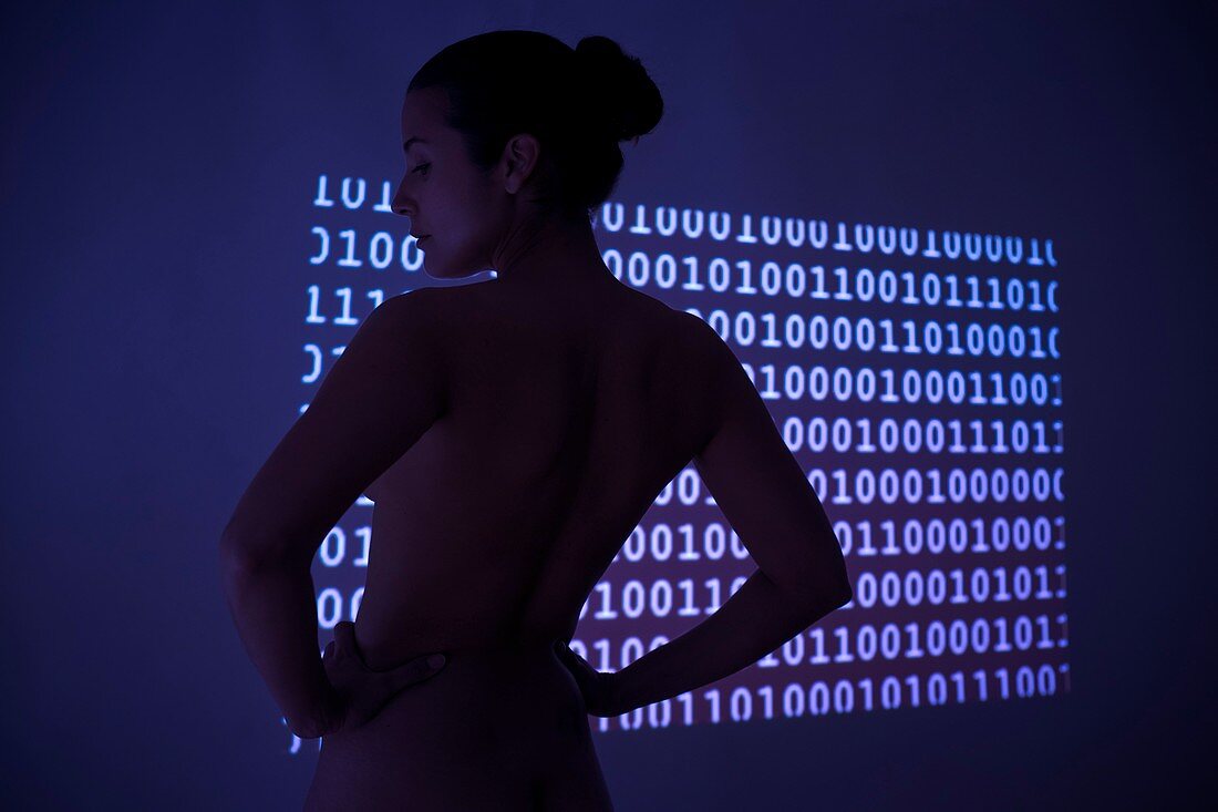 Woman with binary code