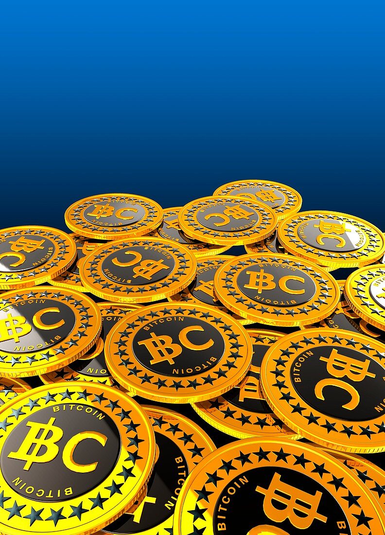 Bitcoins against blue background